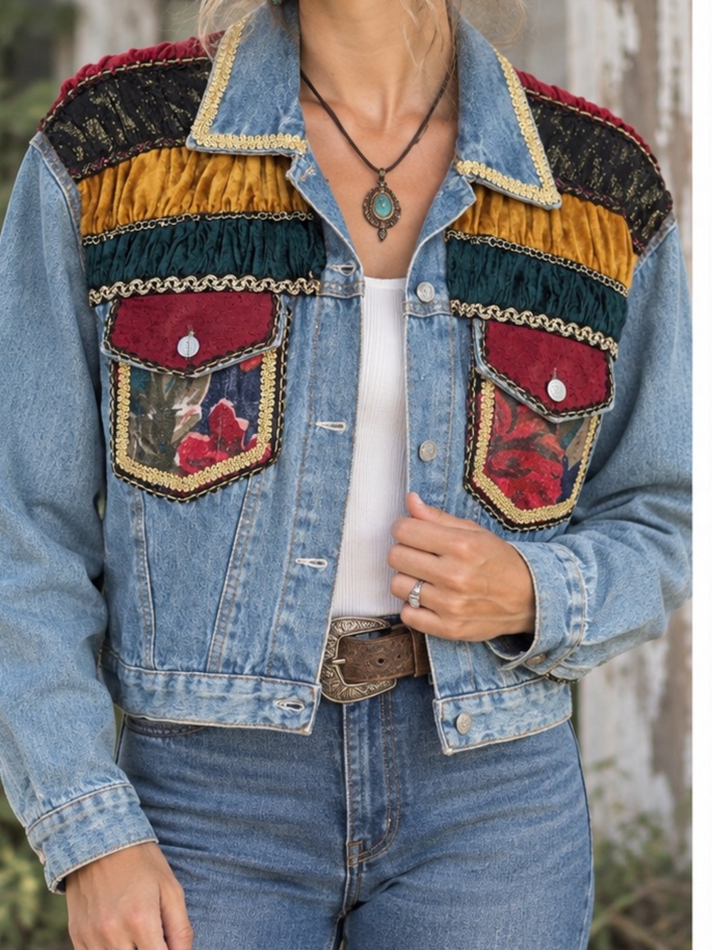 Joujou Americas Favorite Embellished Patchwork Denim Jacket Western Boho Vintage